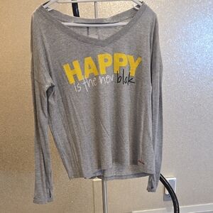 Peace Love World Gray Long Sleeve Top with Yellow Print